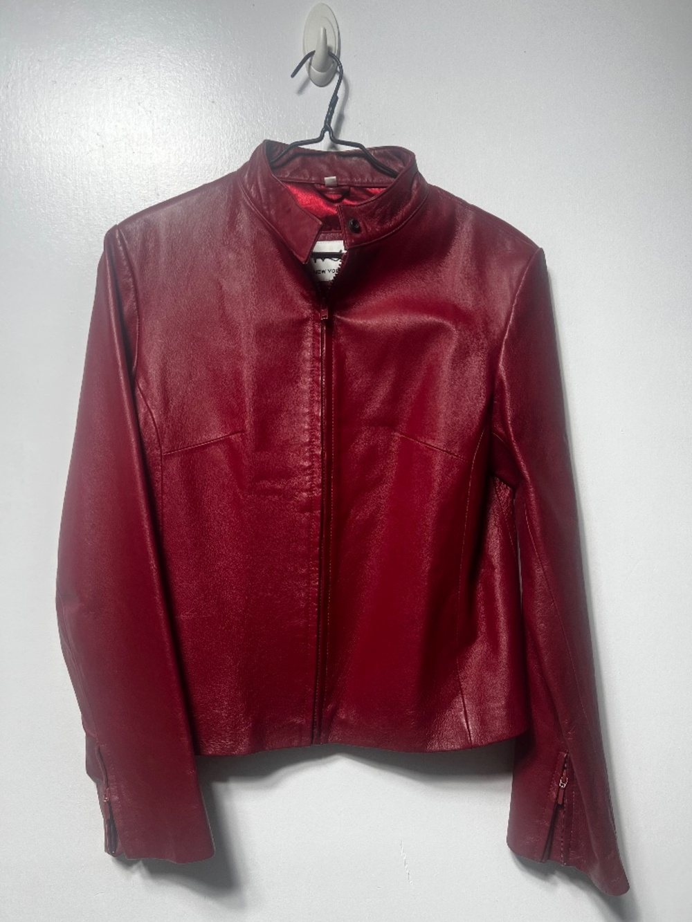 Mitsu Red Leather Jacket with Cropped Collar and Zippers on Sleeves